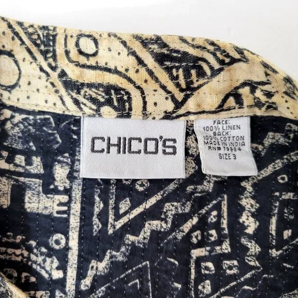 Chico's Linen Jacket Tan and Black Abstract Print Chico's Size 3 Women's 16-18 - Picture 3 of 4